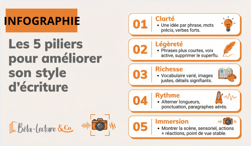 Infographie-5-piliers- pour-améliorer-son-style -écriture-clarté-légèreté-richesse-rythme-immersion